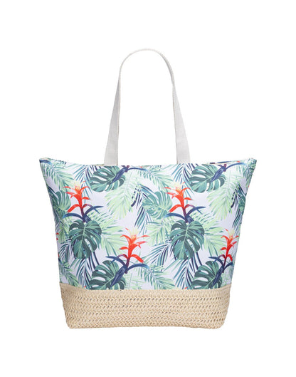 Green and blue tropical leaves with red flowers print with white double straps and straw bottom overlap, front view