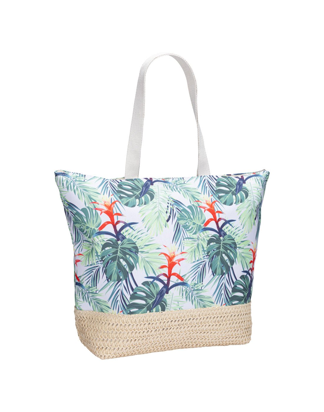 Green and blue tropical leaves with red flowers print with white double straps and straw bottom overlap, front angled view