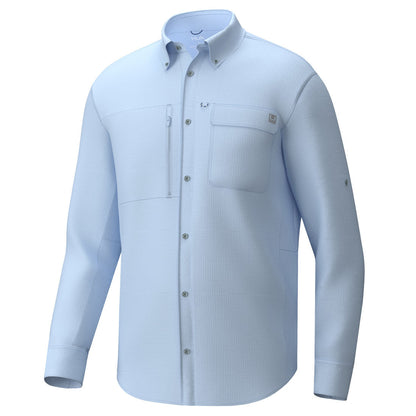 Front view of a Huk Men's A1A Button-Down Shirt in Ice Water blue colour.