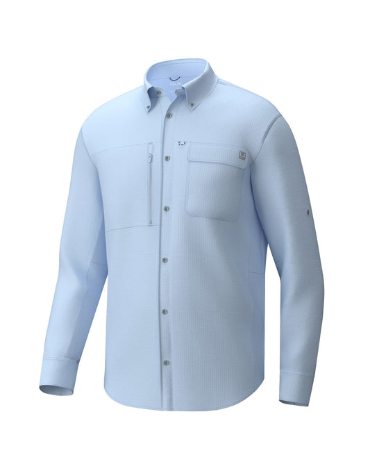 Product Image – Front view of a Huk Men's A1A Button-Down Shirt in Ice Water blue colour.