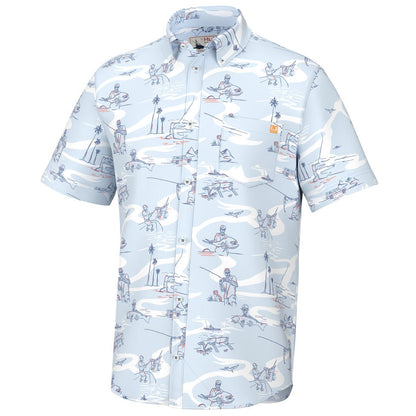 Front view of the Huk Men's Kona Button-Down Shirt in Fish Bones Ice Water pattern.