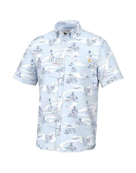 Product Image – Front view of the Huk Men's Kona Button-Down Shirt in Fish Bones Ice Water pattern.