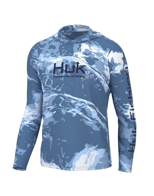 Product Image –  Front view of the Huk Men's Mossy Oak Pursuit Performance Hoodie in Mossy Oak Stormwater Spindrift colour. Huk logo printed across chest and "Huk Fishing" along outside length of left sleeve.