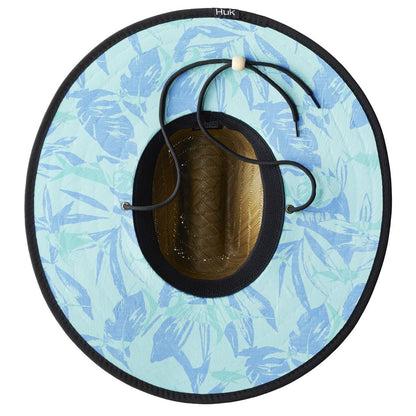 Underside Image of Huk Men's Ocean Palm Straw Hat showing bottom of brim covered with Ocean Palm Beach Glass colour fabric.