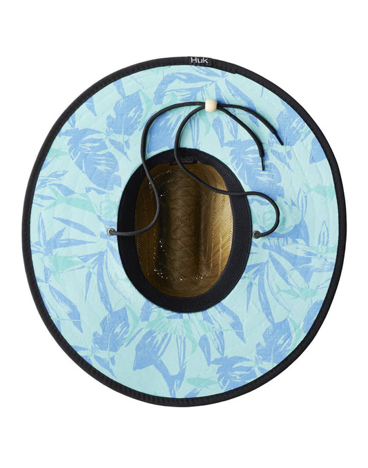 Product Image – Underside Image of Huk Men's Ocean Palm Straw Hat showing bottom of brim covered with Ocean Palm Beach Glass colour fabric.