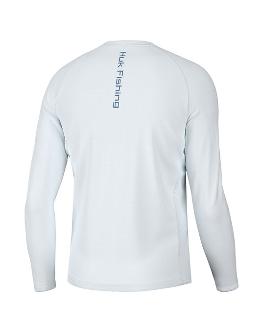 Product Image – Back view of the Huk Men's  Pursuit Performance Shirt in white with "Huk Fishing" printed vertically in centre of shirt between shoulder blades.