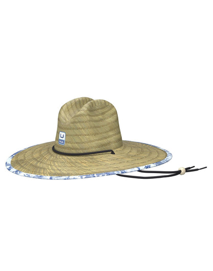 Front view of the Huk Men's Straw Hat  in Cane Bay Ice Water pattern liner.  Showing the Huk logo on the front and the adjustable chin strap. 