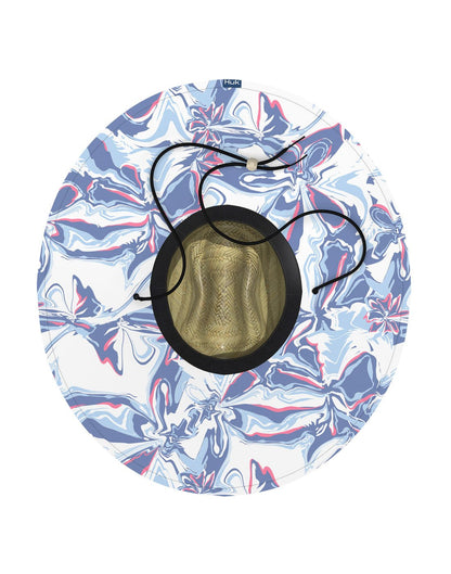 Huk Women's Brackish Flow Straw Hat, bottom view showing blue, pink and white swirl pattern on underside of brim