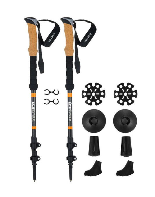 Product Image – Icetrax Aluminum Trekking Poles collapsed with included accessories on display beside