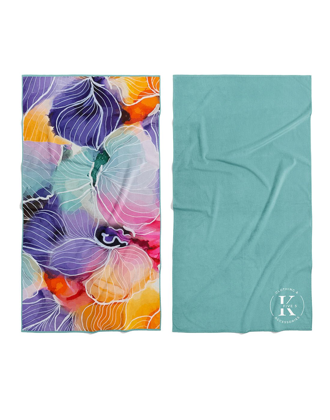 Front and back view of abstract flower K5 Microfibre Beach Towel.