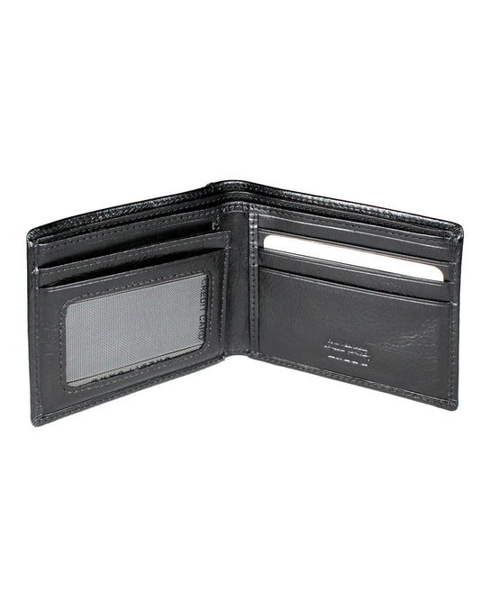 Product Image – The RFID Billfold Men's Leather Wallet with ID Window in black, open, showing interior that includes ID window.