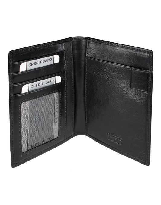 Product Image – Interior view of the RFID Leather Passport Wallet on black.