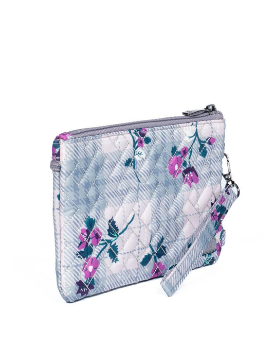 Product Image – Lug Peekaboo Convertible Wristlet Pouch, white and light grey plaid with pink flowers, front angled view