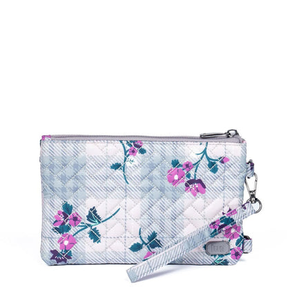 Lug Peekaboo Convertible Wristlet Pouch, white and light grey plaid with pink flowers, front view