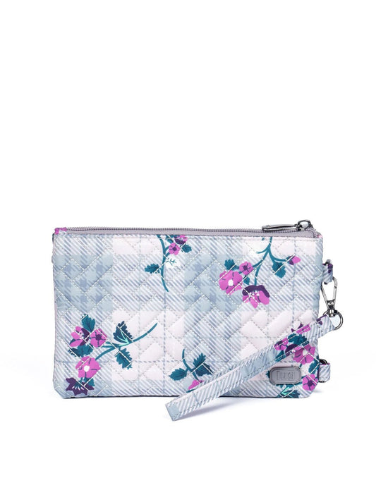 Product Image – Lug Peekaboo Convertible Wristlet Pouch, white and light grey plaid with pink flowers, front view