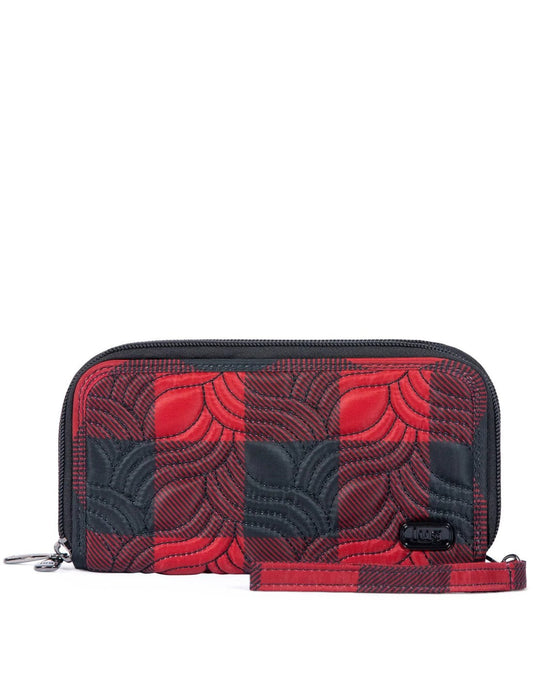 Product Image – Lug Splits XL Wristlet RFID Wallet in buffalo check red and black quilted, front view