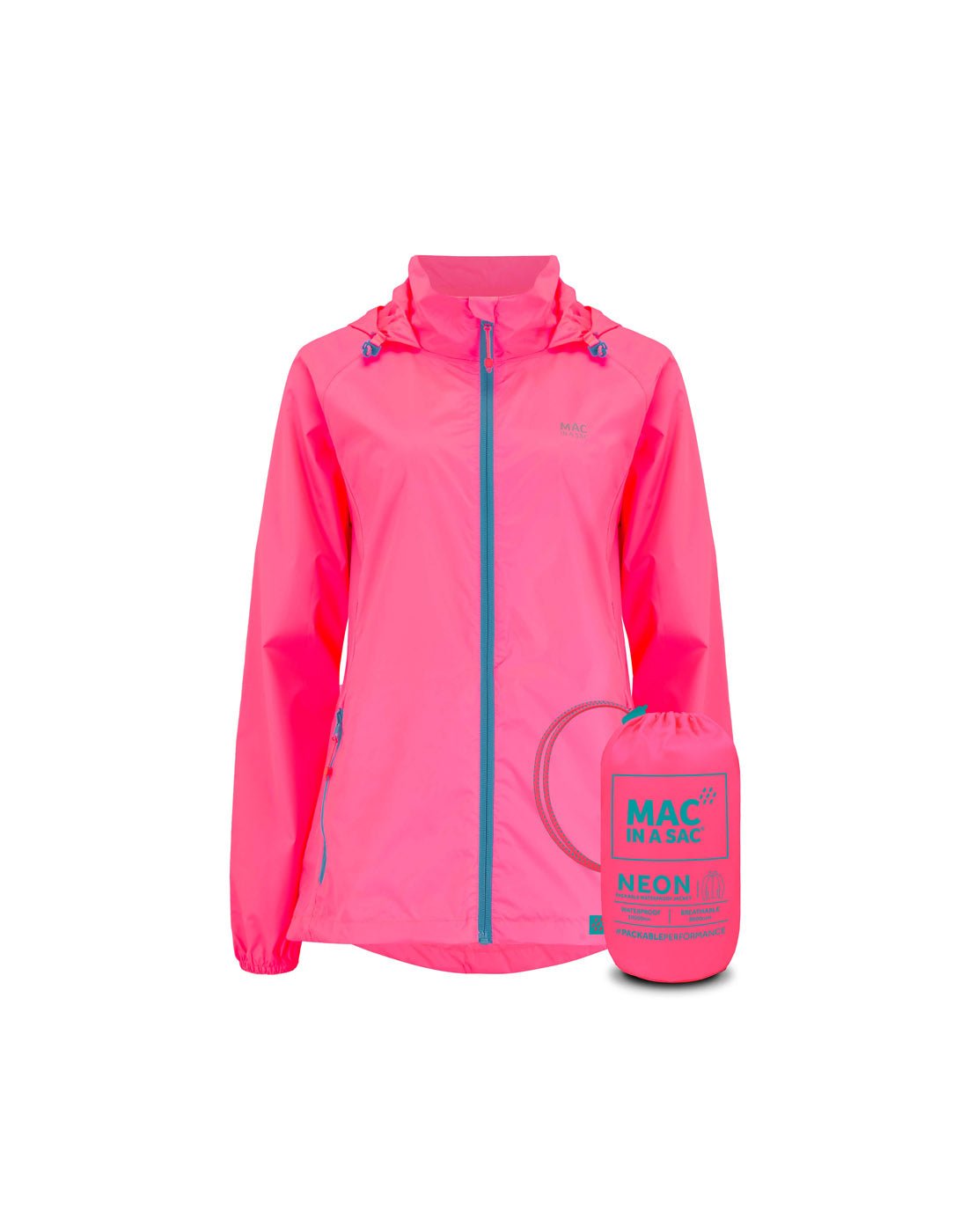 Mac in a Sac Origin II Neon Packable Waterproof Jacket in neon pink, front view with neon pink packing sack in front.