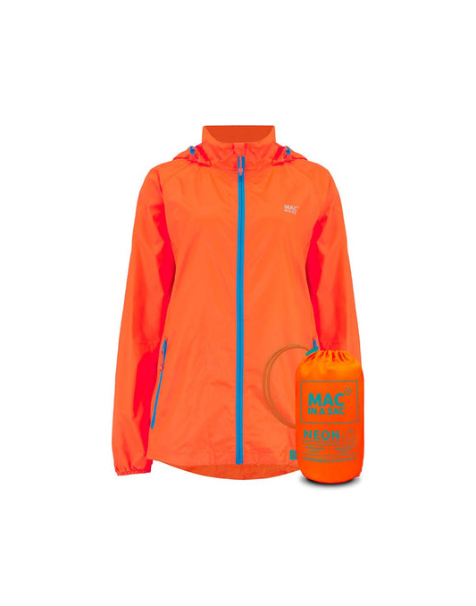 Product Image – Mac in a Sac Origin II Neon Packable Waterproof Jacket in neon orange, front view with neon orange packing sack in front.