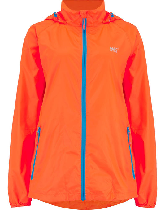 Product Image – Mac in a Sac Origin II Neon Packable Waterproof Jacket in neon orange, close up front view.