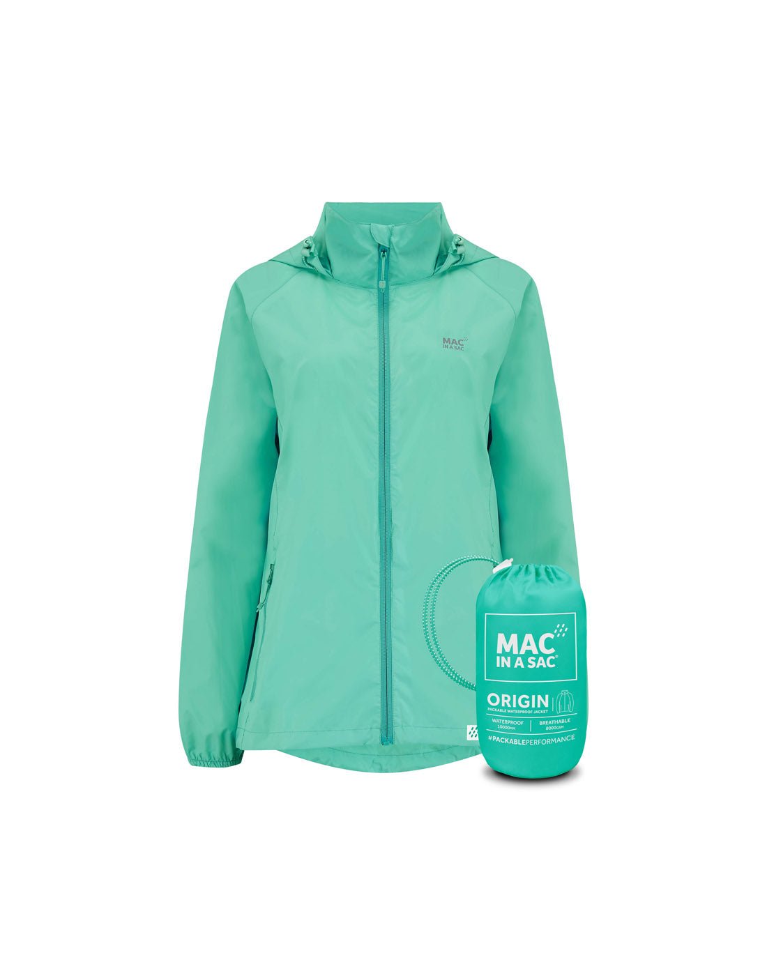 Mac in a Sac Origin II Packable Waterproof Jacket in tiffany, front view with tiffany packing sack in front.