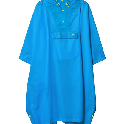 Mac in a Sac Packable Waterproof Poncho in neon blue, front view.