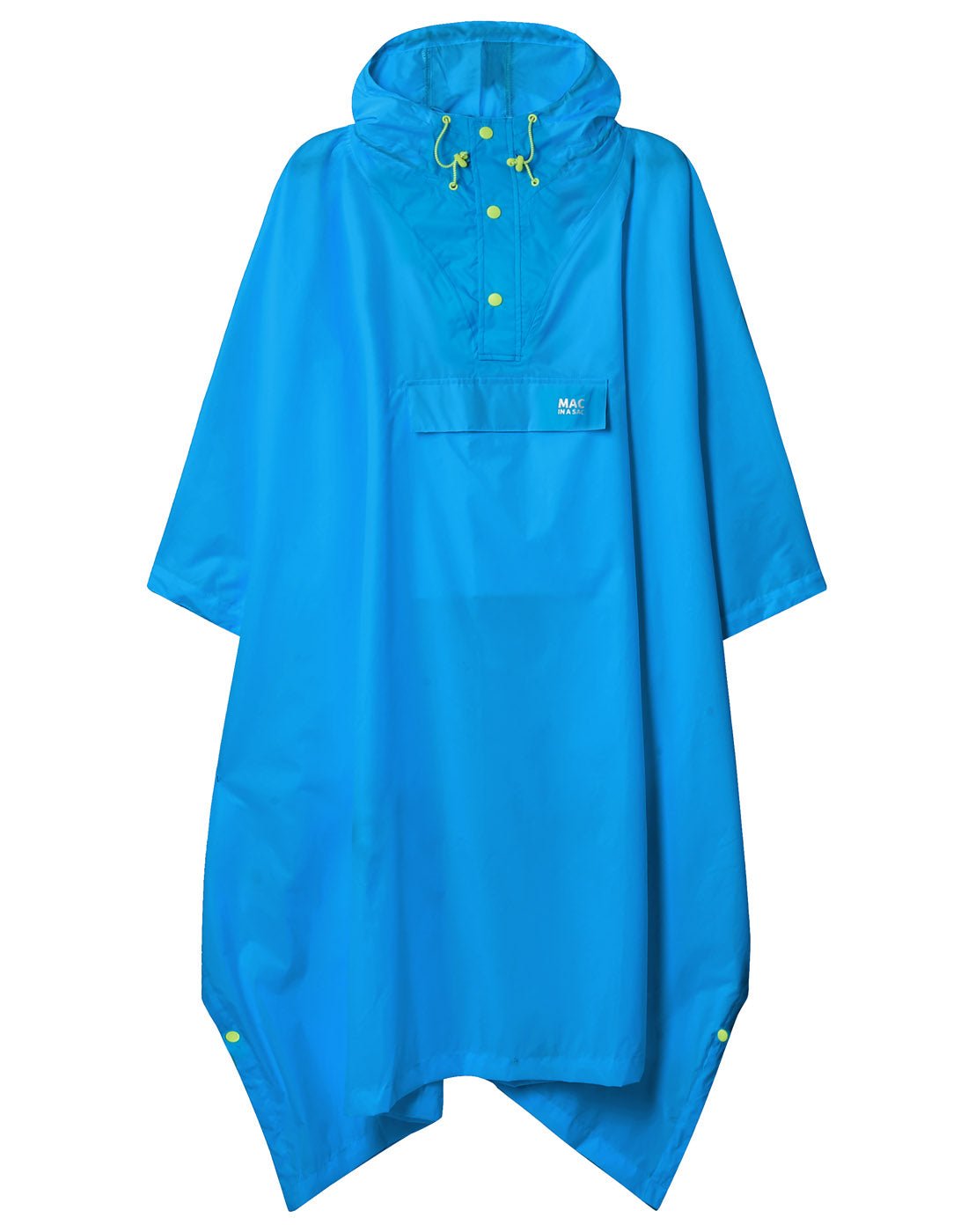 Mac in a Sac Packable Waterproof Poncho in neon blue, front view.