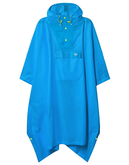 Product Image – Mac in a Sac Packable Waterproof Poncho in neon blue, front view.