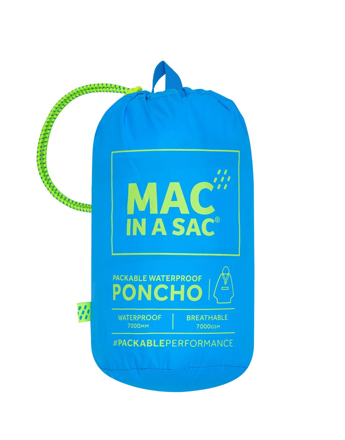 Close up of neon blue Mac in a Sac Packable Waterproof Poncho packing sack.