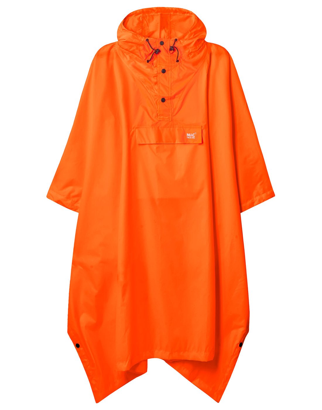 Mac in a Sac Packable Waterproof Poncho in neon orange, front view.