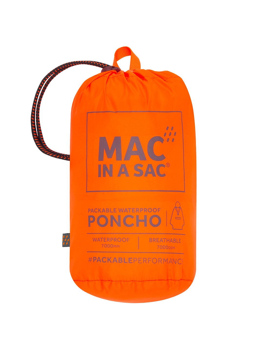 Close up of neon orange Mac in a Sac Packable Waterproof Poncho packing sack.