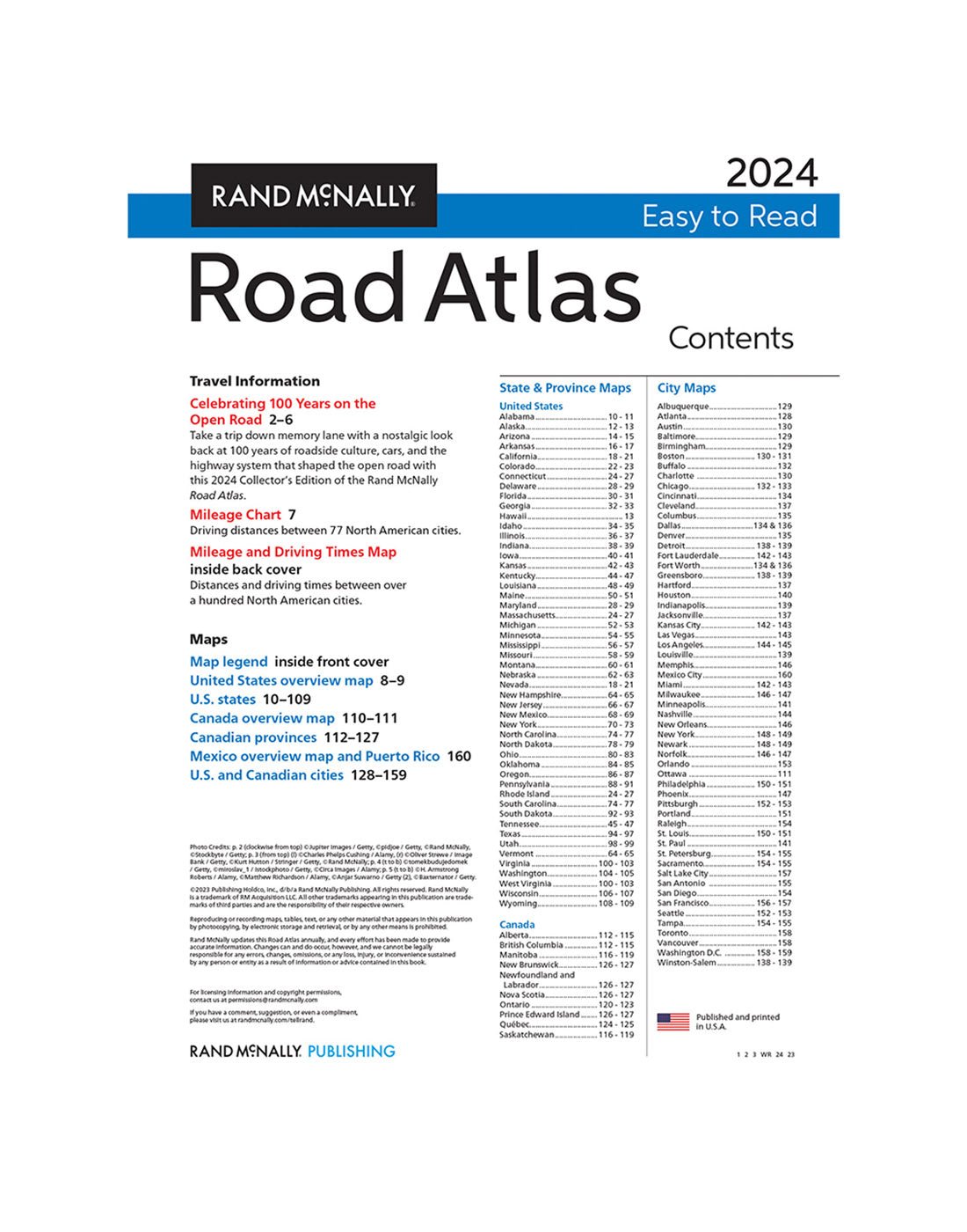 Rand McNally 2024 Midsize Easy to Read Road Atlas - 100th Anniversary Collector's Edition, table of contents