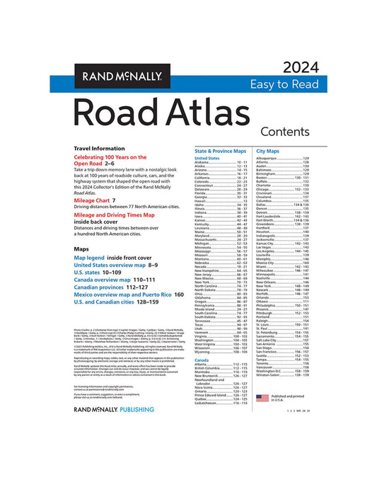 Product Image – Rand McNally 2024 Midsize Easy to Read Road Atlas - 100th Anniversary Collector's Edition, table of contents