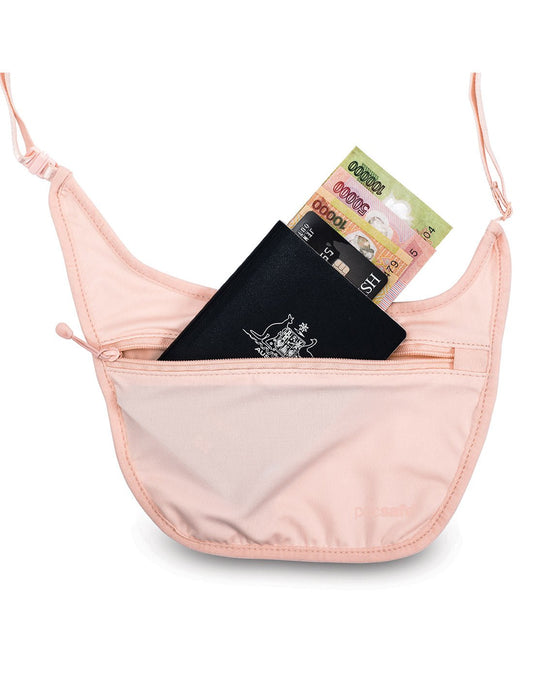 Product Image – Pacsafe Coversafe® S80 Secret Travel Body Pouch, orchid pink, front view with passport, credit card, and cash sticking out of zippered front pocket