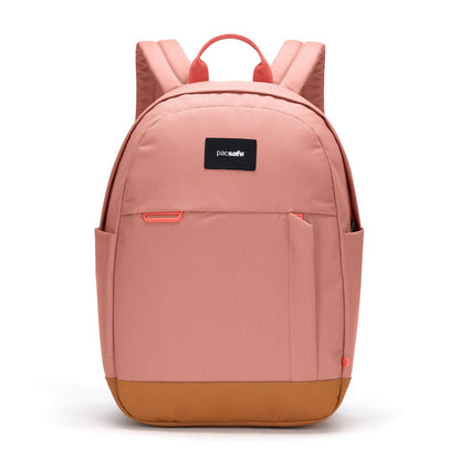 Pacsafe® Go 15L Anti-theft Backpack, rose colour with tan bottom gusset, front view.