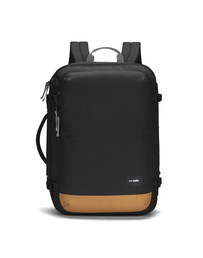 Pacsafe® Go 34L Anti-theft Carry-on Backpack, jet black with tan bottom gusset, front view.