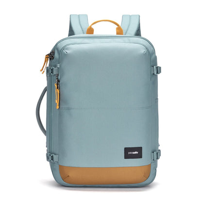 Pacsafe® Go 34L Anti-theft Carry-on Backpack, fresh mint colour with tan bottom gusset, front view.