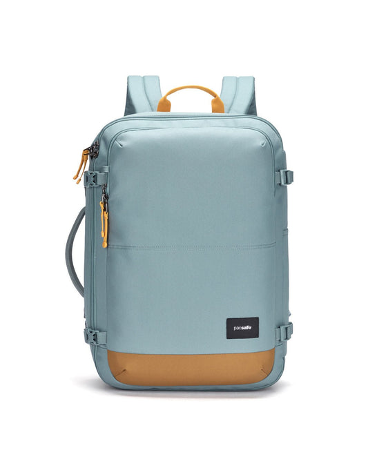 Product Image – Pacsafe® Go 34L Anti-theft Carry-on Backpack, fresh mint colour with tan bottom gusset, front view.