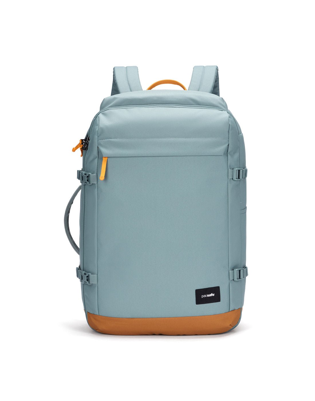 Pacsafe® Go 44L Anti-theft Carry-on Backpack, Fresh mint colour with tan bottom gusset, front view.