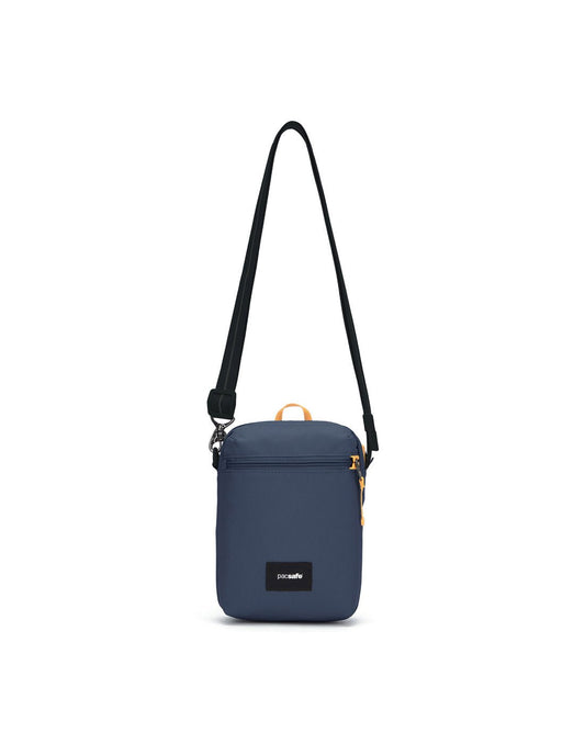 Product Image – Pacsafe® GO Anti-Theft Festival Crossbody in coastal blue colour, front view with cut-resistant shoulder strap fully extended.