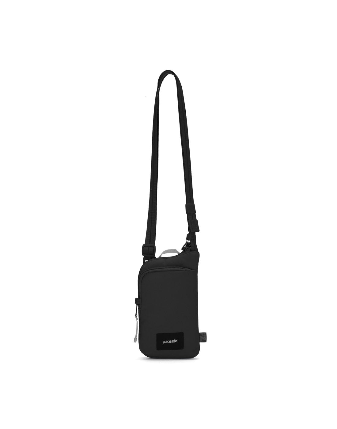 Pacsafe® GO Anti-Theft Tech Crossbody in jet black colour front view with Carrysafe® slashguard strap extended.