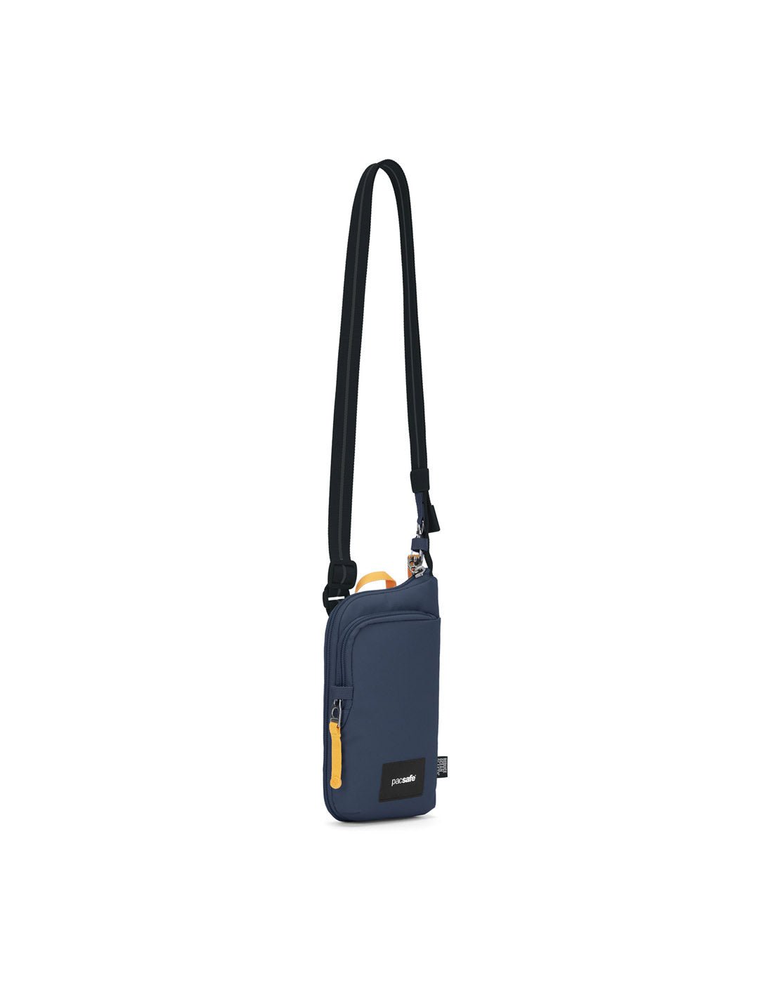 Pacsafe® GO Anti-Theft Tech Crossbody in coastal blue colour front left side view with Carrysafe® slashguard strap extended.