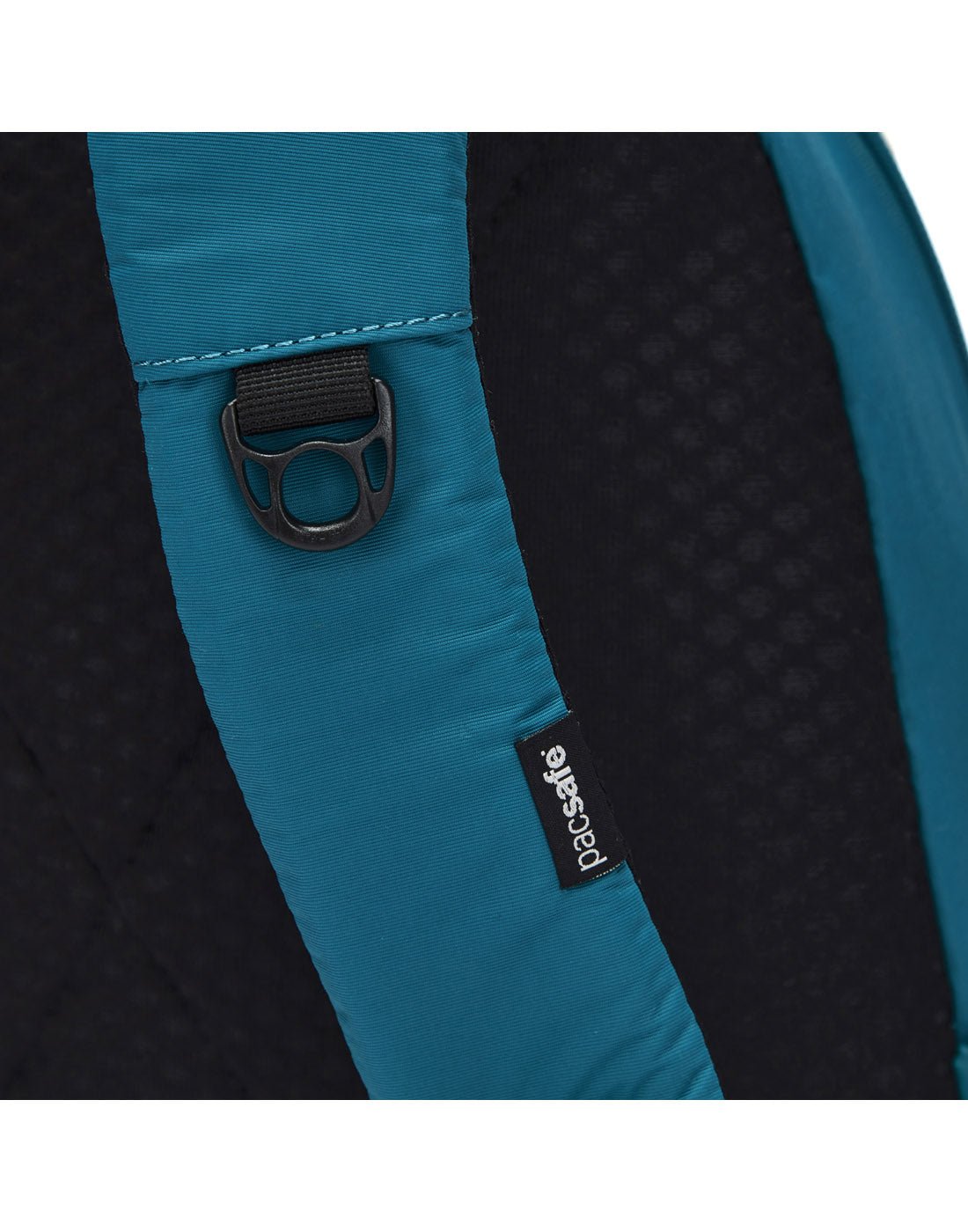 Close up of lashing point on shoulder strap of tidal teal backpack