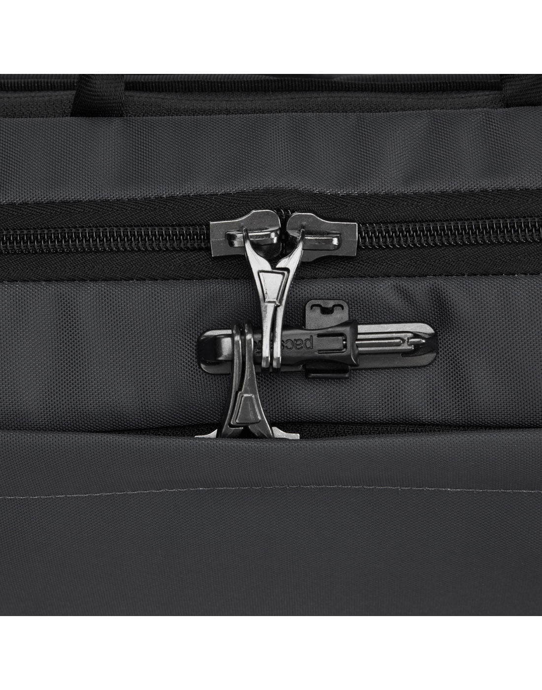 Close up of lockable zipper pulls on slate backpack