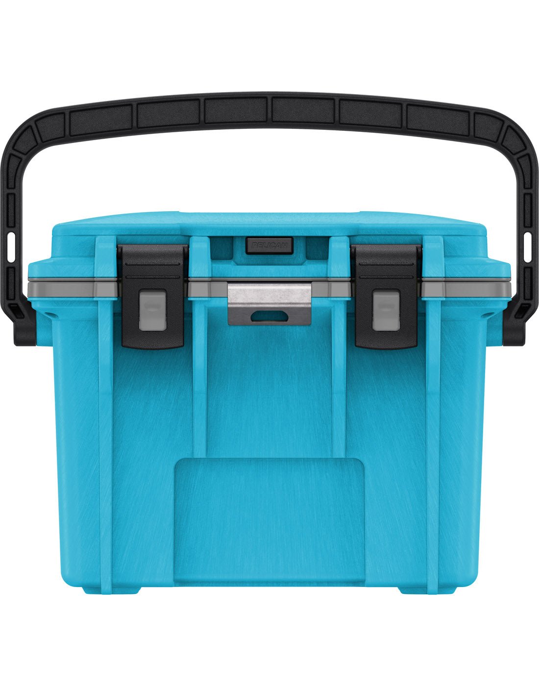 Pelican™ Elite 14qt Cooler in cool blue with grey gasket and black top carry handle and clip closures, front view