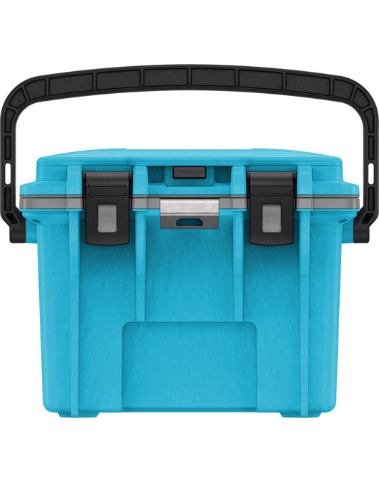 Product Image – Pelican™ Elite 14qt Cooler in cool blue with grey gasket and black top carry handle and clip closures, front view