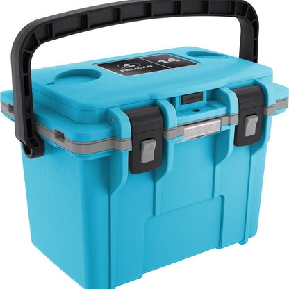 Pelican™ Elite 14qt Cooler in cool blue with grey gasket and black top carry handle and clip closures, front angled view