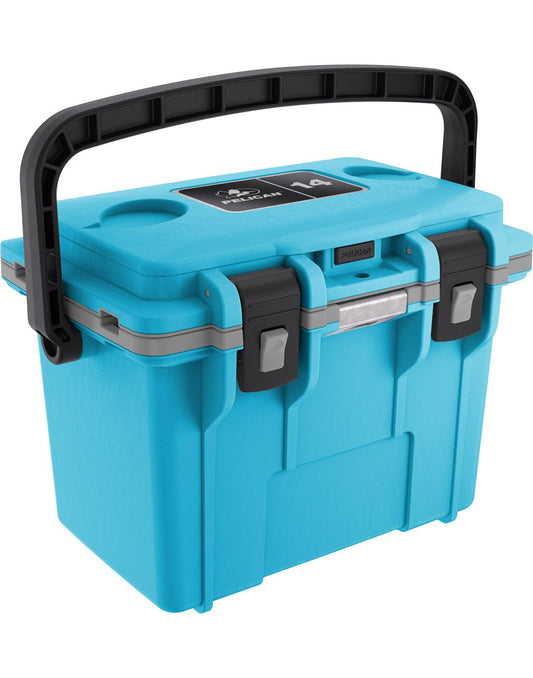 Product Image – Pelican™ Elite 14qt Cooler in cool blue with grey gasket and black top carry handle and clip closures, front angled view