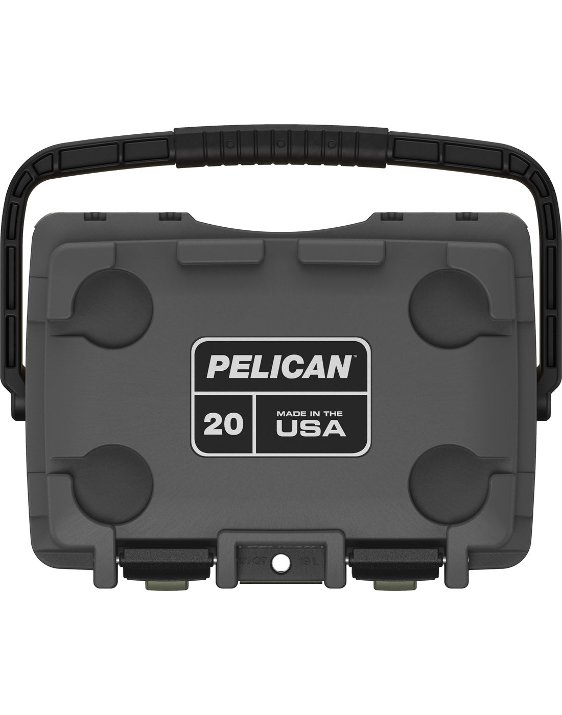 Pelican™ Elite 20qt Cooler in gunmetal grey, top view showing black carry handle and clip closures, two cup holders on top and Pelican logo plate in centre of lid