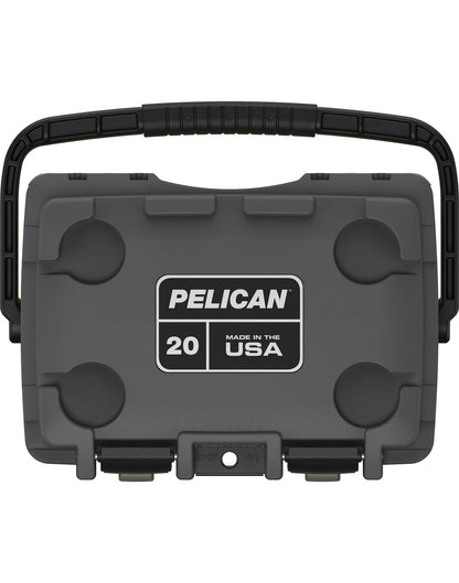 Pelican™ Elite 20qt Cooler in gunmetal grey, top view showing black carry handle and clip closures, two cup holders on top and Pelican logo plate in centre of lid