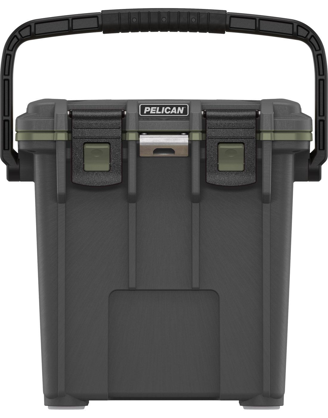 Pelican™ Elite 20qt Cooler in gunmetal grey with army green gasket and black top carry handle and clip closures, front view